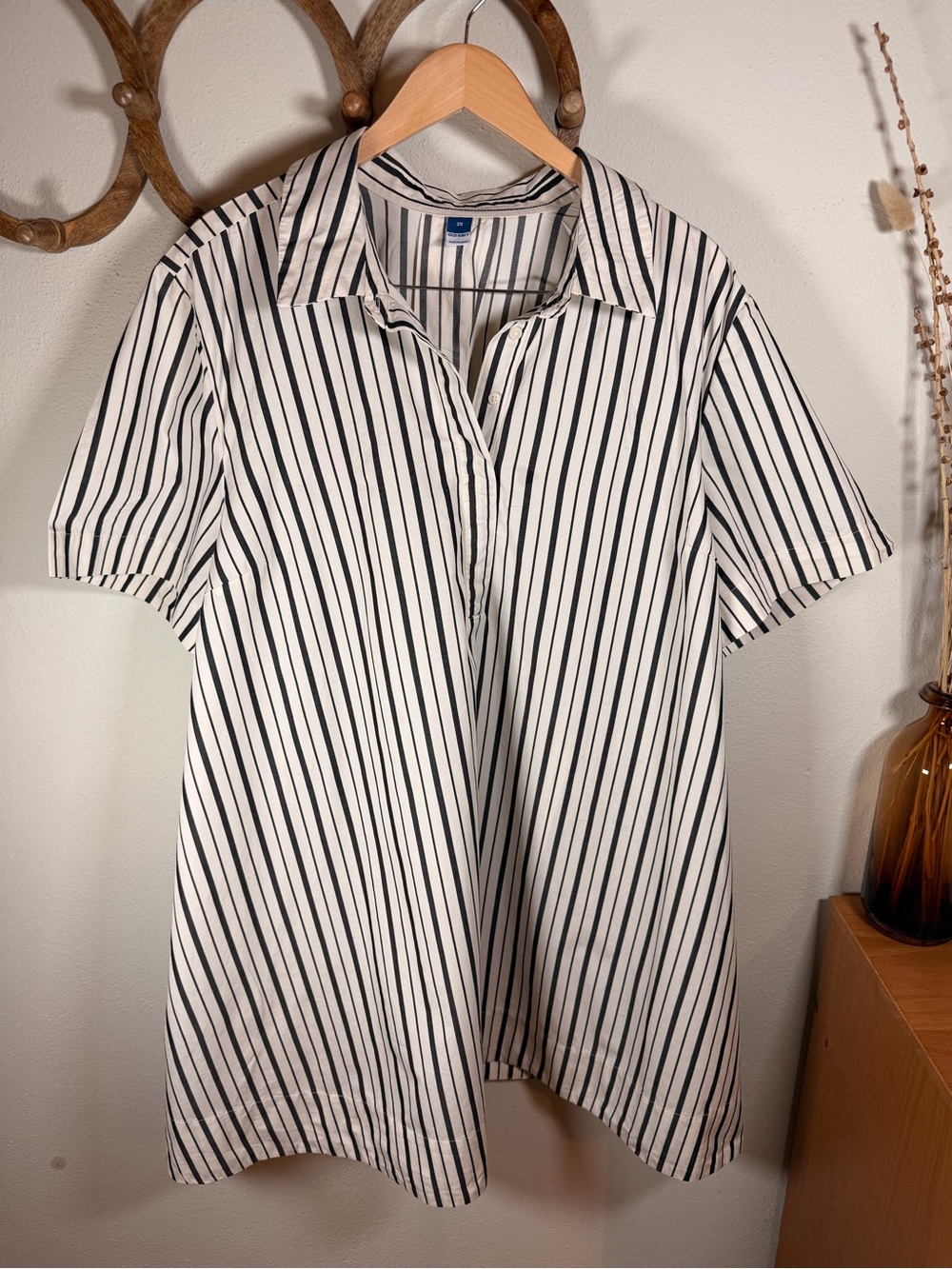 Old Navy 2X Striped A-Line Shirt Dress 100% Cotton Black White
